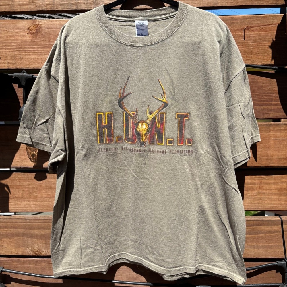 Buck Wear T-Shirt Mens 2XL Green Good Vintage 2002 HUNT‎ Deer Skull Graphic Tee